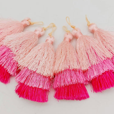 Pink Cotton Tassels in Three Layers, Tassel Charms, Tiered Tassels x 2